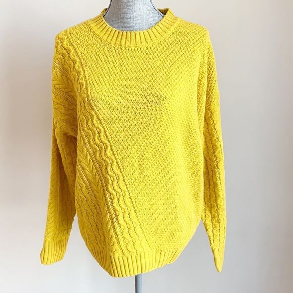 🌈 5/$25 JOE Fresh mustard yellow cables knit over sized sweater - Picture 1 of 8